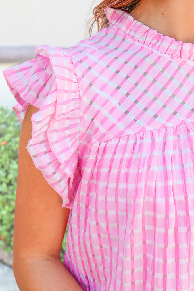 tiered ruffle sleeve with sheer detailed gingham print