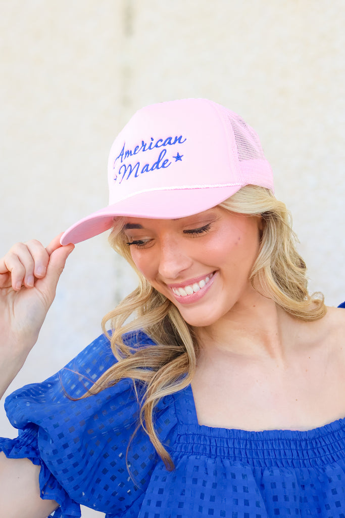 american made trucker hat in pink