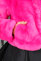Hot pink faux fur cropped jacket, view 2