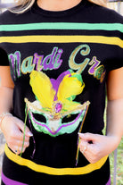 Carnival Season Mardi Gras Mask Top by Queen of Sparkles in Black Size L-TOP S/S PRINT