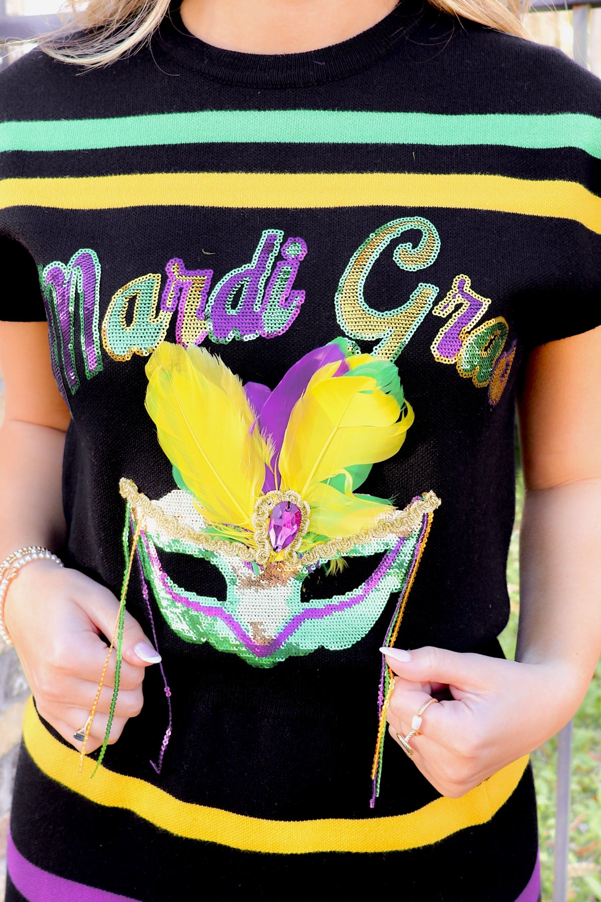 Carnival Season Mardi Gras Mask Top by Queen of Sparkles in Black Size L-TOP S/S PRINT
