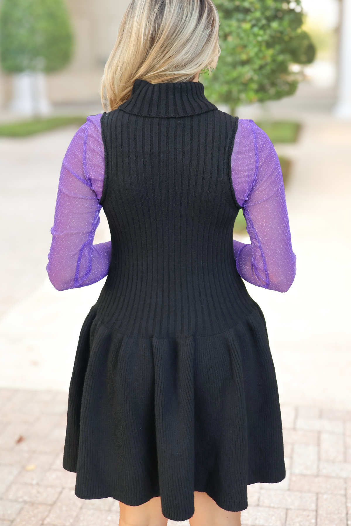 See What I Mean Ribbed Knit Sweater Dress, sleeveless mini sweater dress back view