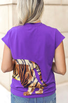 Time to Geaux Sequin Tiger Face Cuff Tee by Bomb Designs in Purple