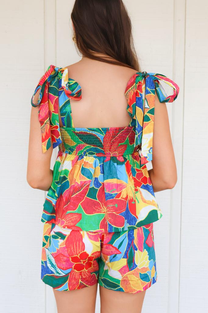 Back of Tropical Print Peplum Tie Strap Tank Top
