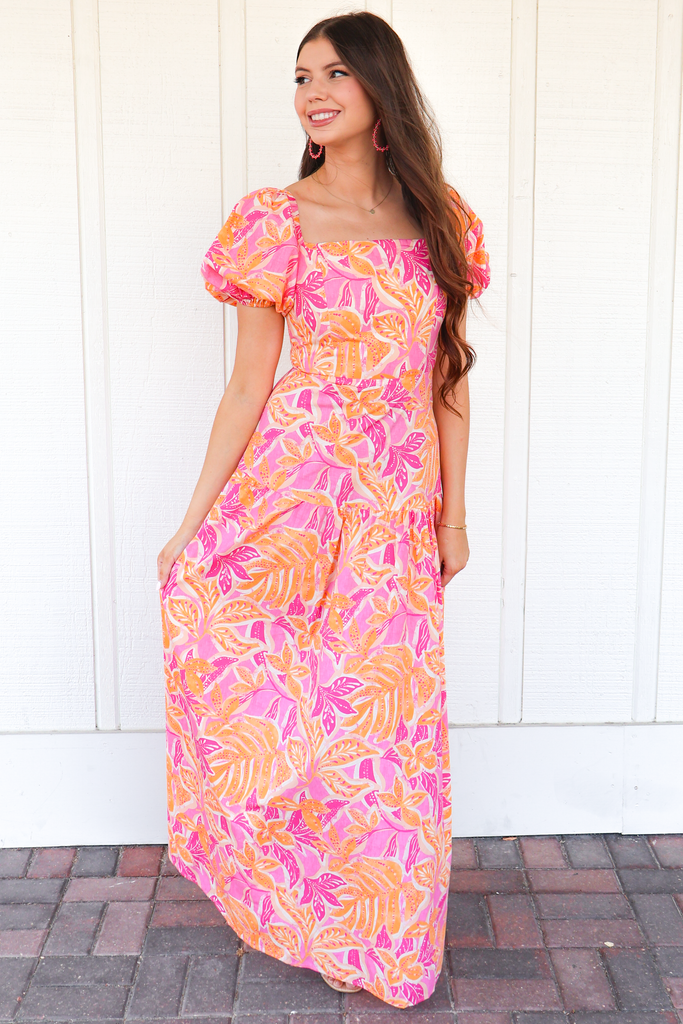 Tropical Printed Puff Sleeve Midi Dress