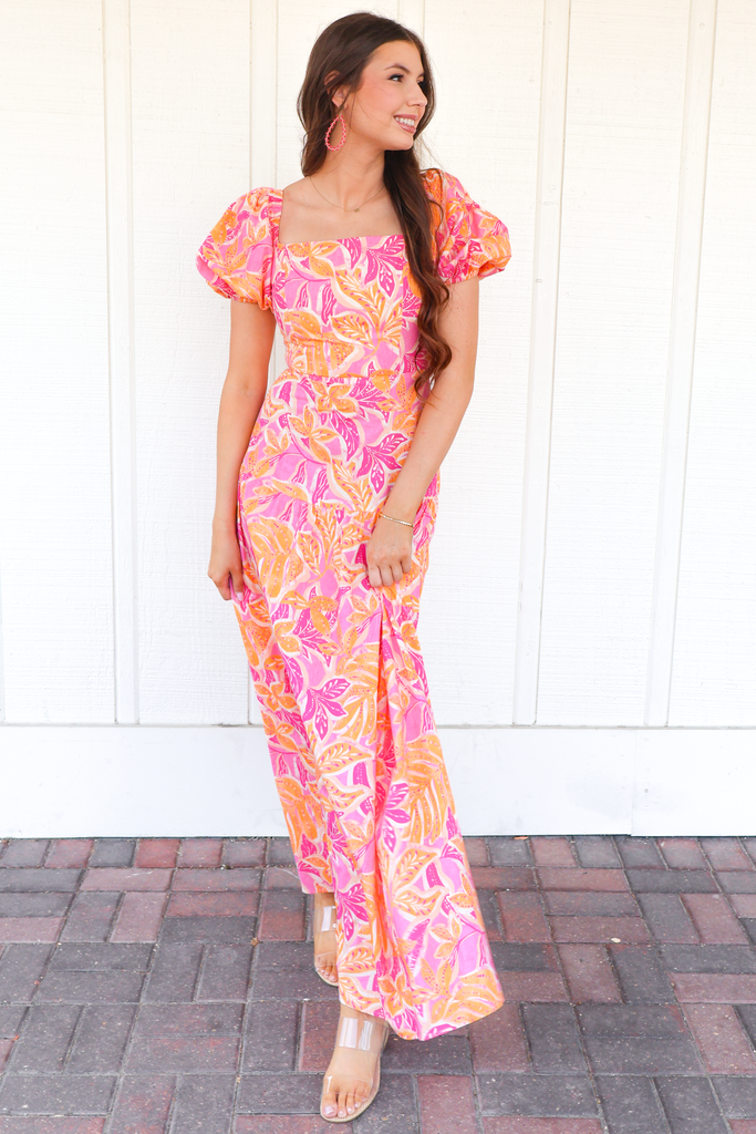 Tropical Printed Puff Sleeve Midi Dress
