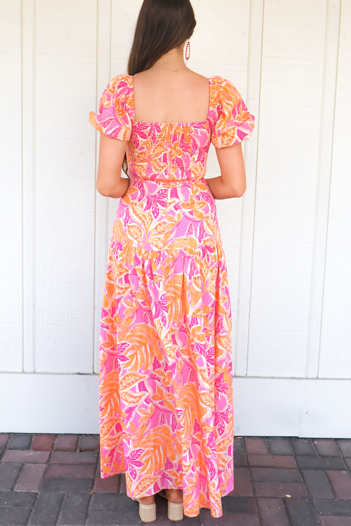 Back of Tropical Printed Puff Sleeve Midi Dress