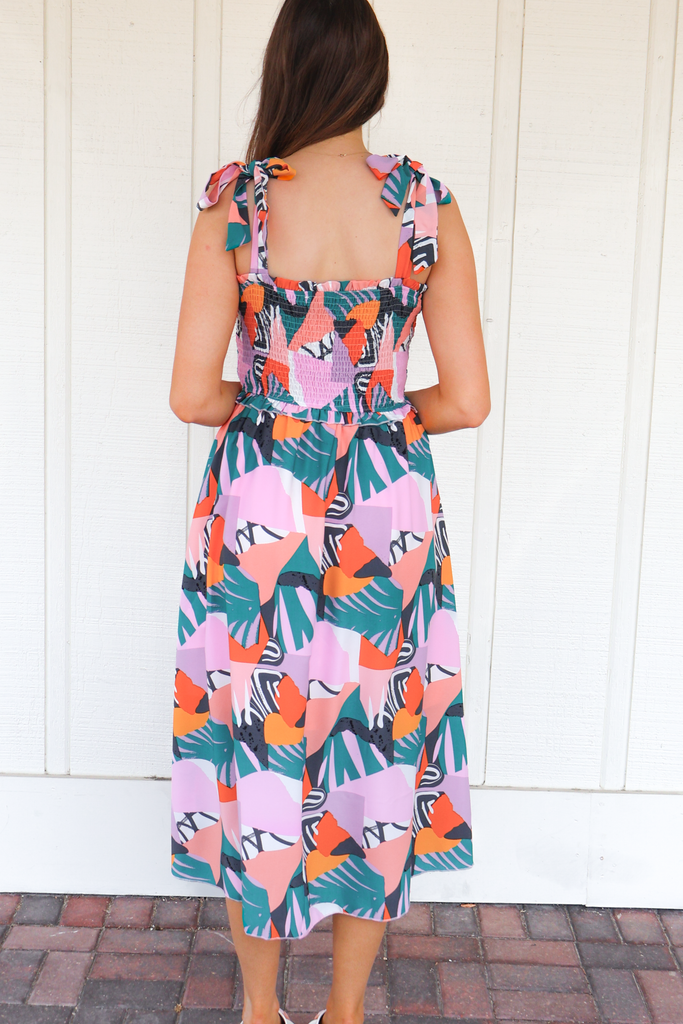 Back of Tie Strap Smocked Tropical Printed Midi Dress