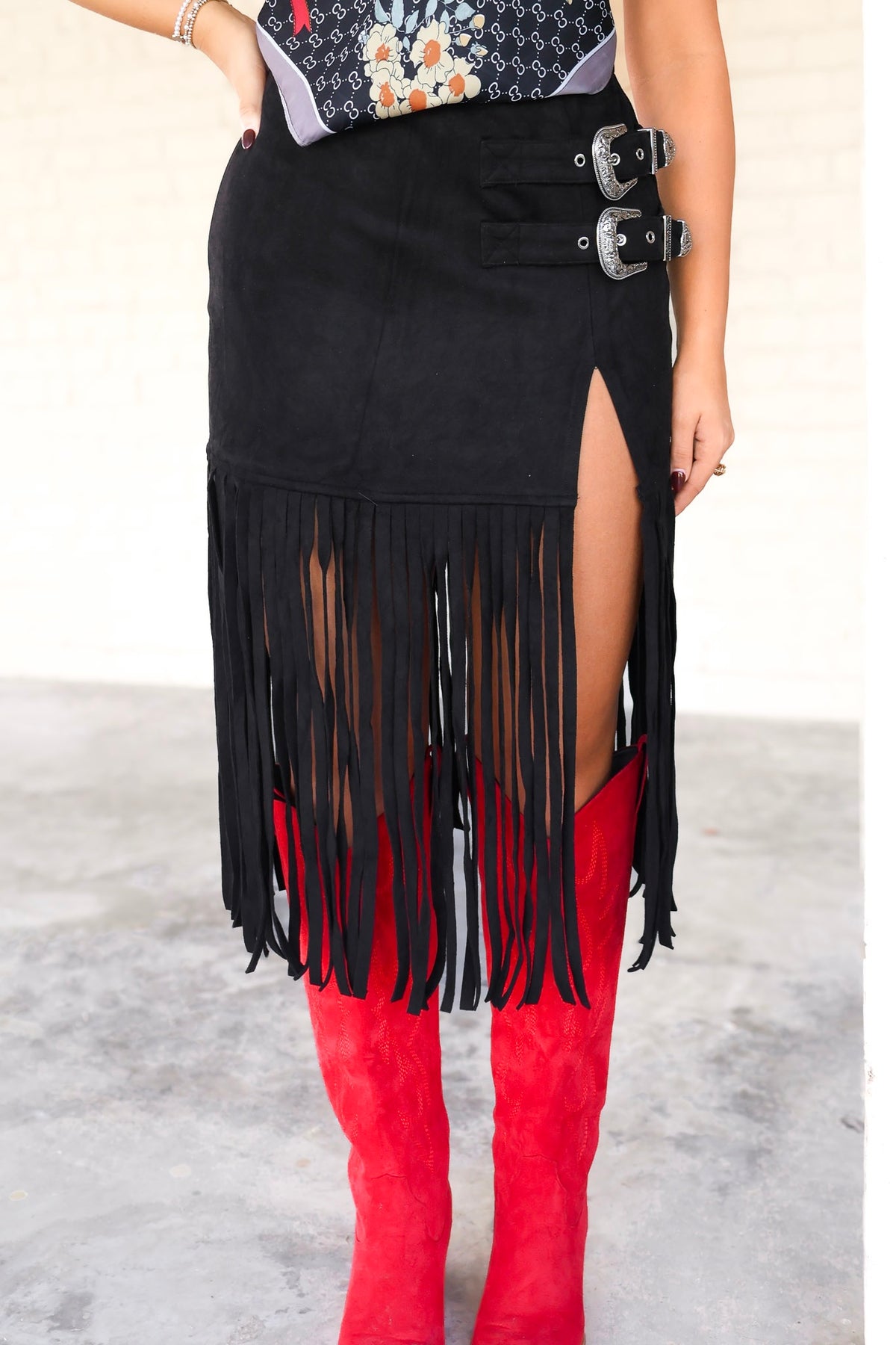 Take Me Away Suede Fringe Buckle Skirt in Black
