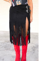 Take Me Away Suede Fringe Buckle Skirt in Black