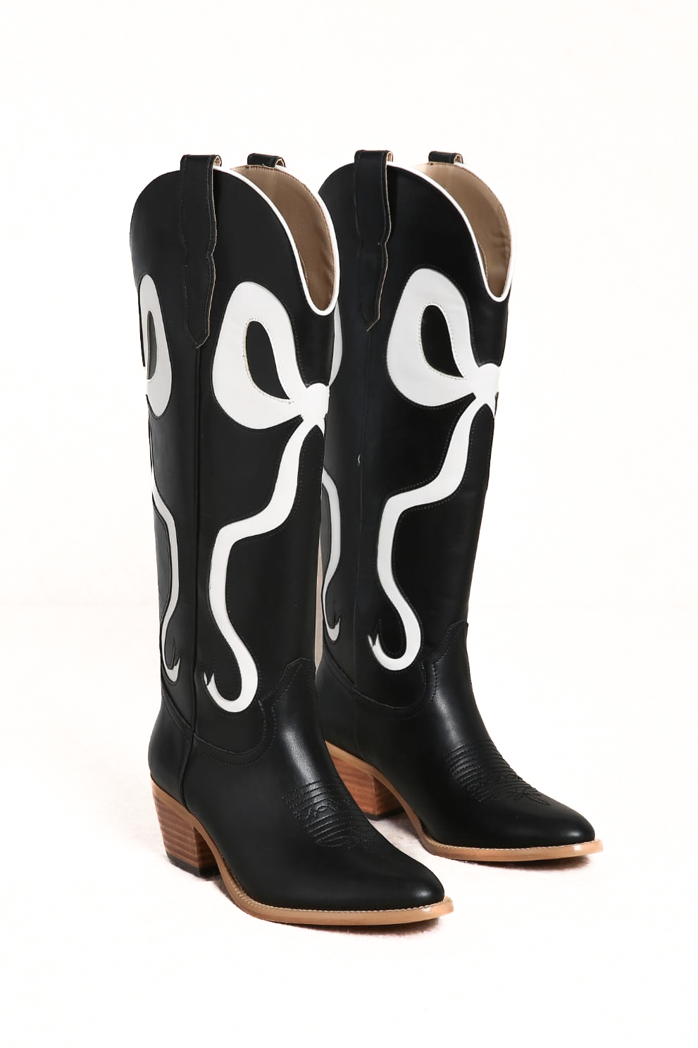 Hell Of A Show Large Bow Mid Calf Boots in Black Frock Candy