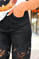 Strut Your Stuff Pearl Trim Lace Jeans - close-up of lace and pearl trim