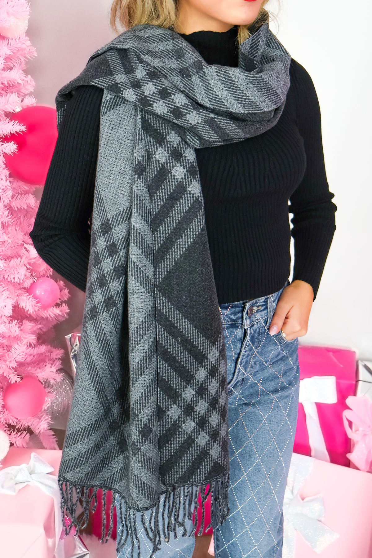 Come Back Around Monotone Plaid Blanket Scarf-ACC SCARF FALL
