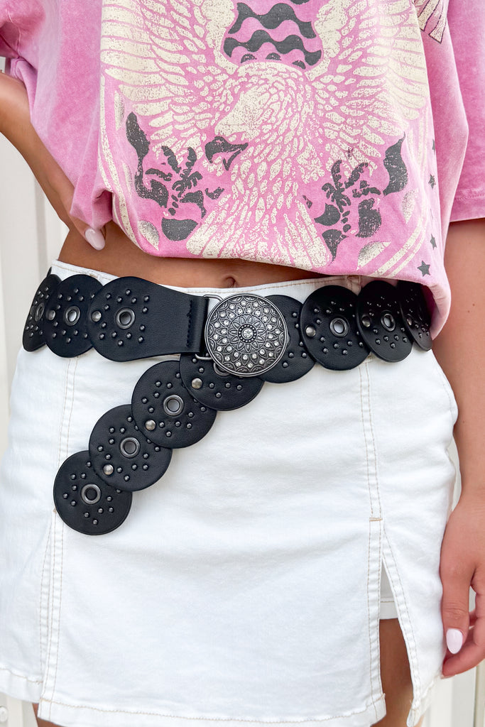 pleather studded disk belt