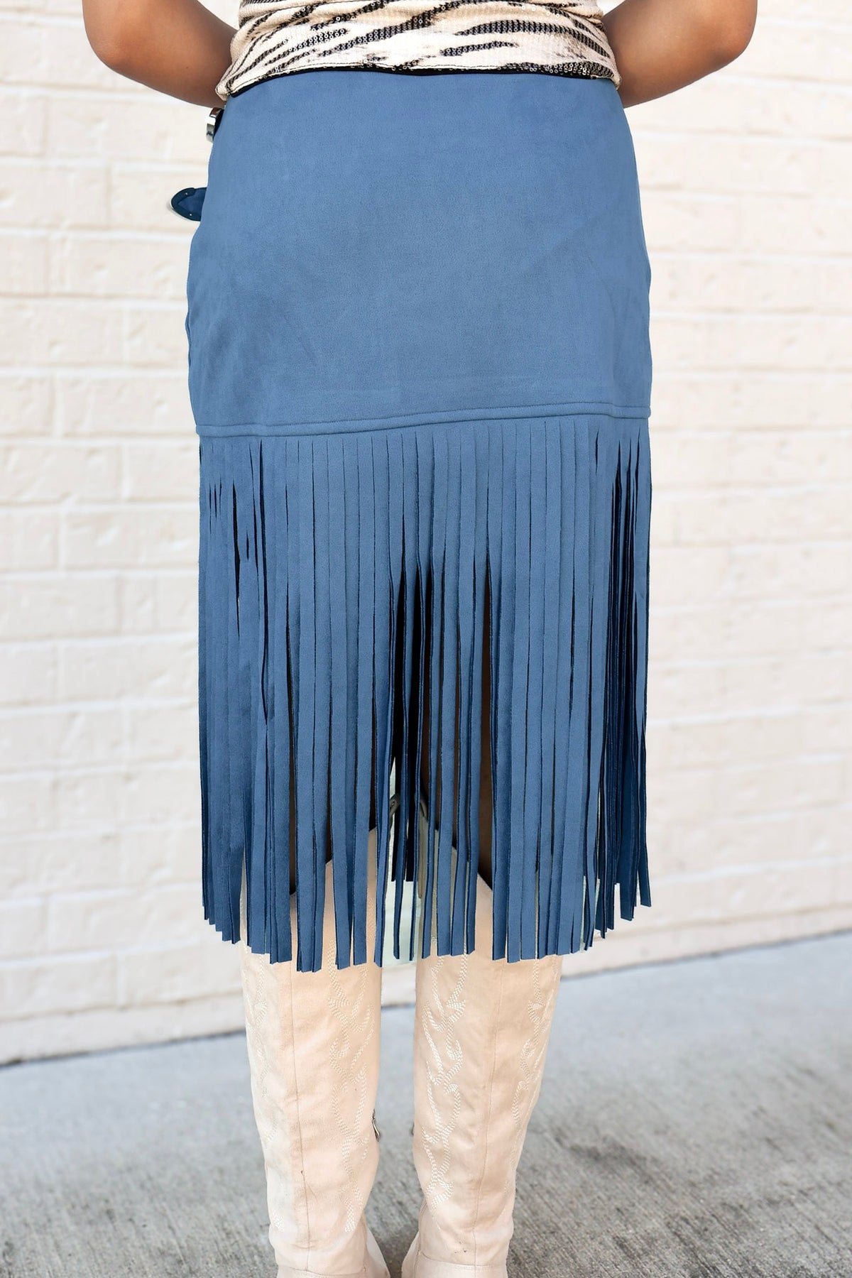 Take Me Away Suede Fringe Buckle Skirt in Indigo - back view