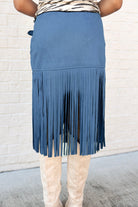 Take Me Away Suede Fringe Buckle Skirt in Indigo - back view