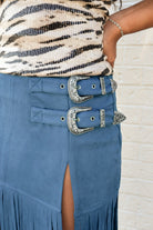 Take Me Away Suede Fringe Buckle Skirt in Indigo - close-up