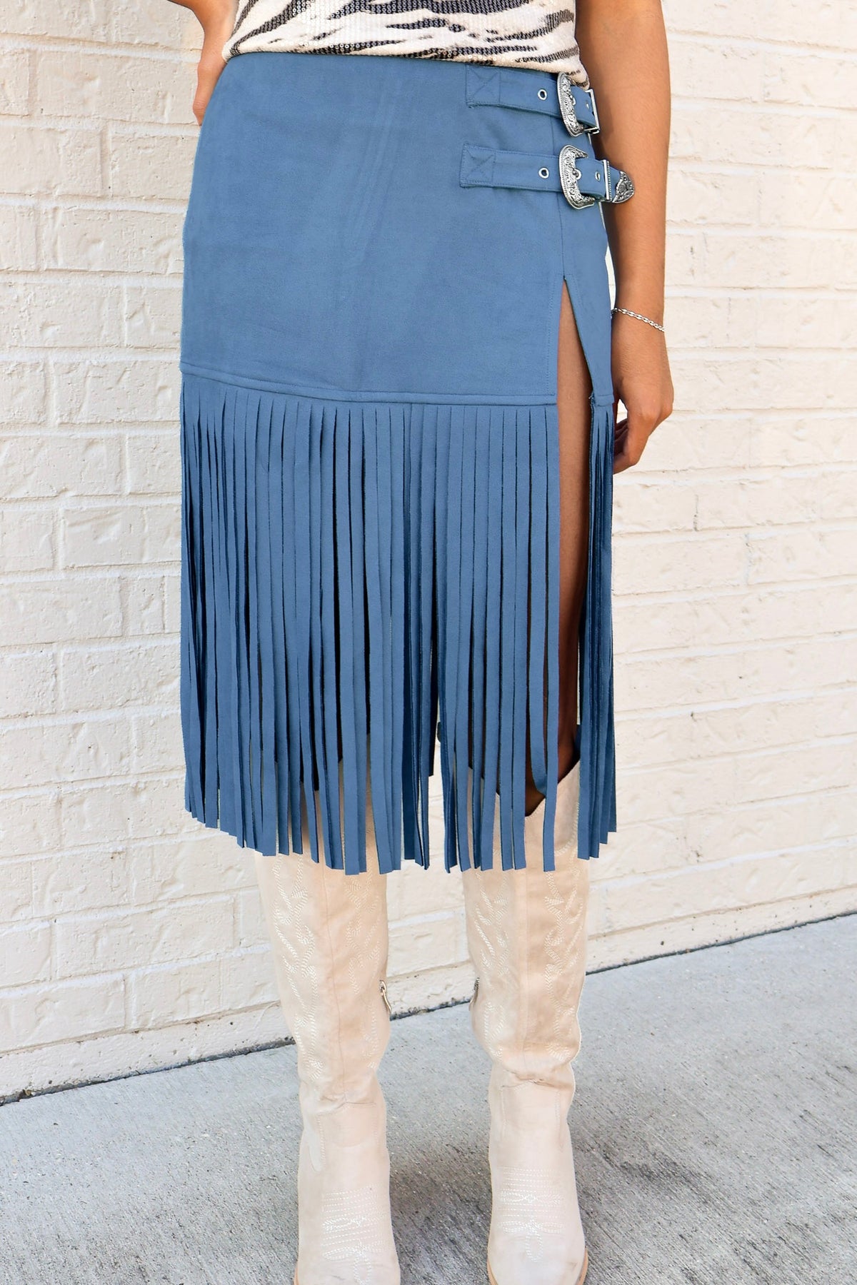 Take Me Away Suede Fringe Buckle Skirt in Indigo