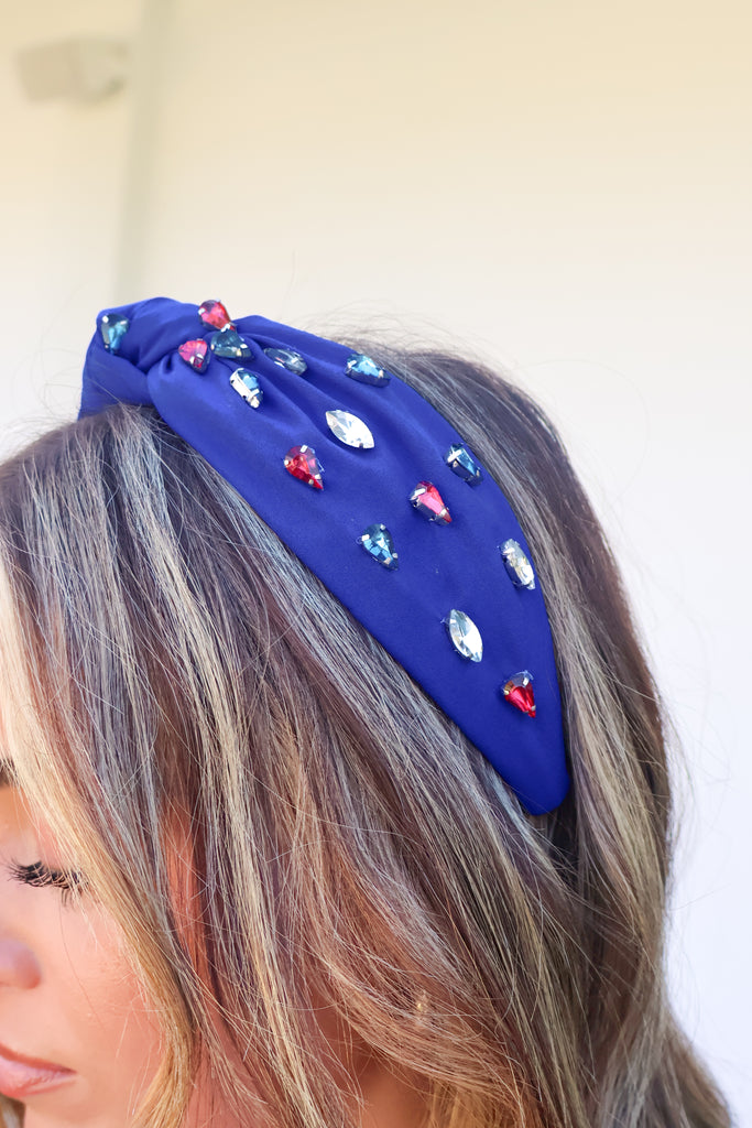 red white and blue rhinestone knotted headband in sapphire