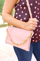 Bold New Days Pleather Chain Detail Bag in Rosewood worn crossbody