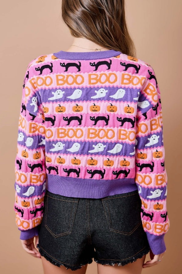 Better in Color Halloween Icons Cropped Sweater in Pink and Purple - back view