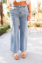 braided band straight leg jeans in light denim