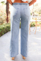 back of braided band straight leg jeans in light denim