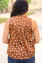 Caramel polka dot halter top, back view