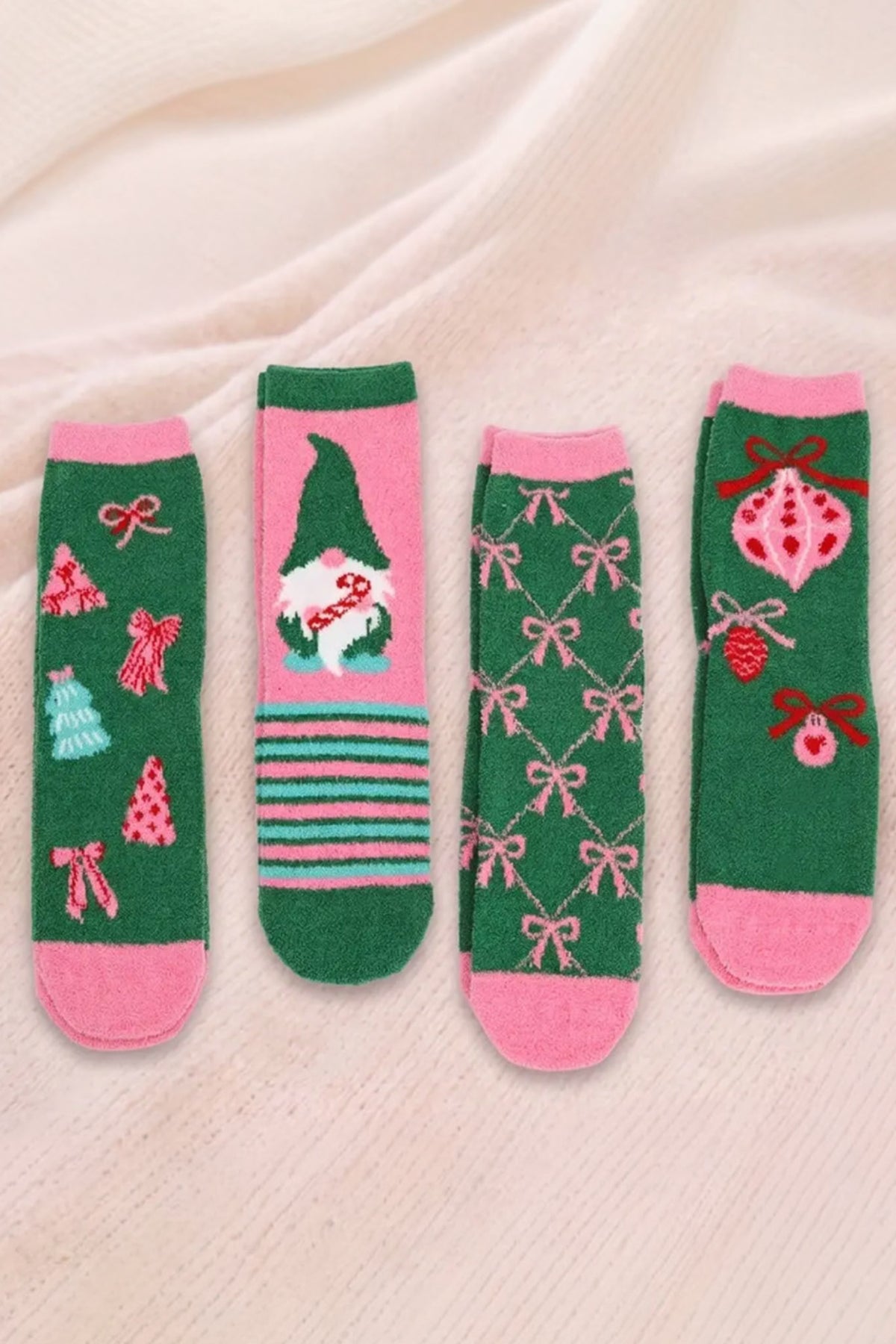 Feeling Fuzzy Christmas Socks in bow, gnome, festive tree and ornament styles