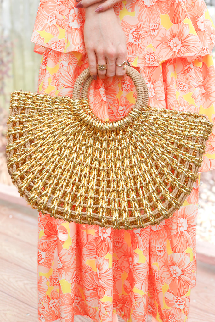 metallic gold straw tote bag