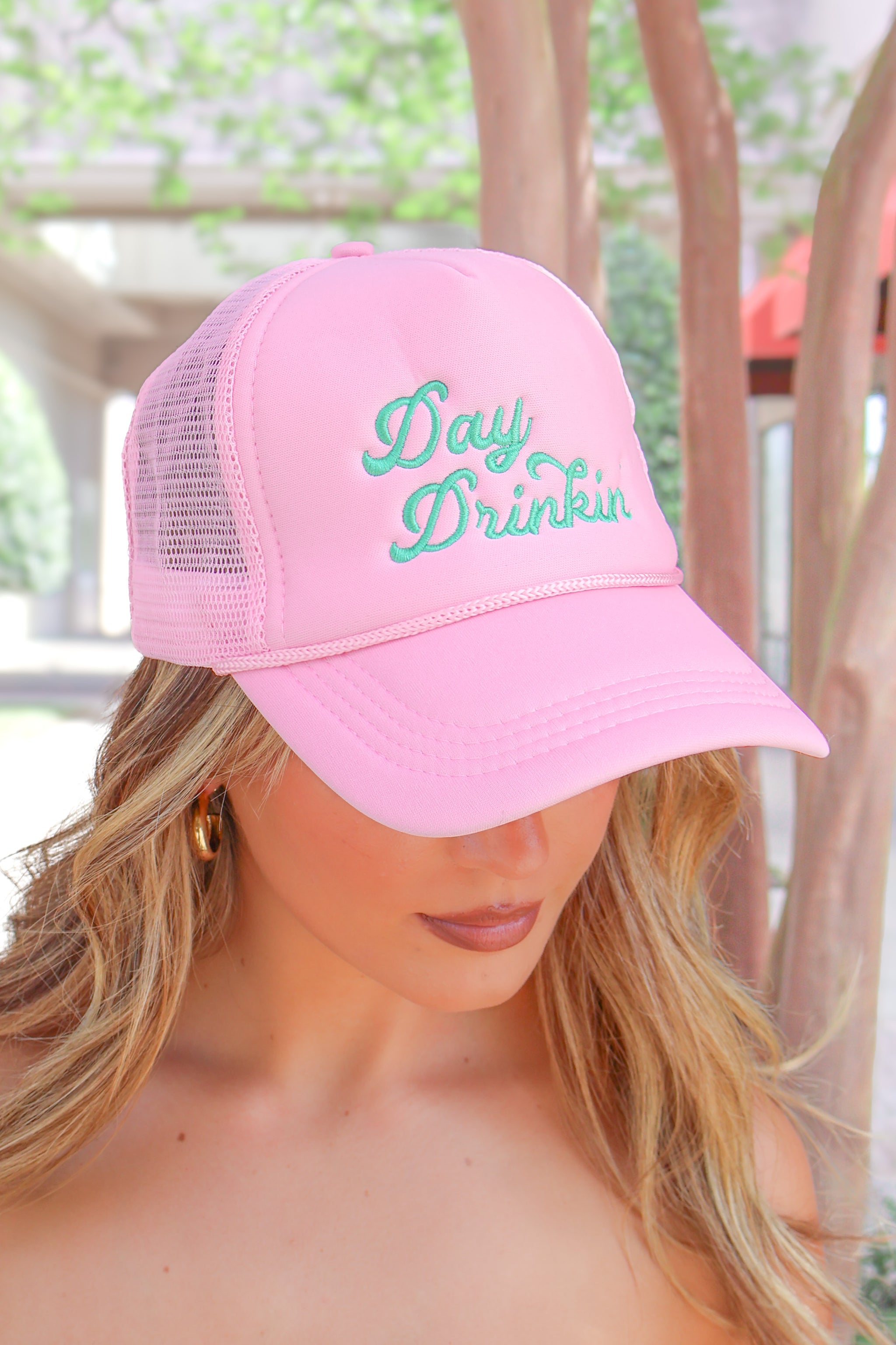 Day Drinkin’ Women’s Pink Trucker Hat with Green Embroidery Adjustable NWT Day Drinking & Naps Hat (2 color options) – Stated Apparel main image 3