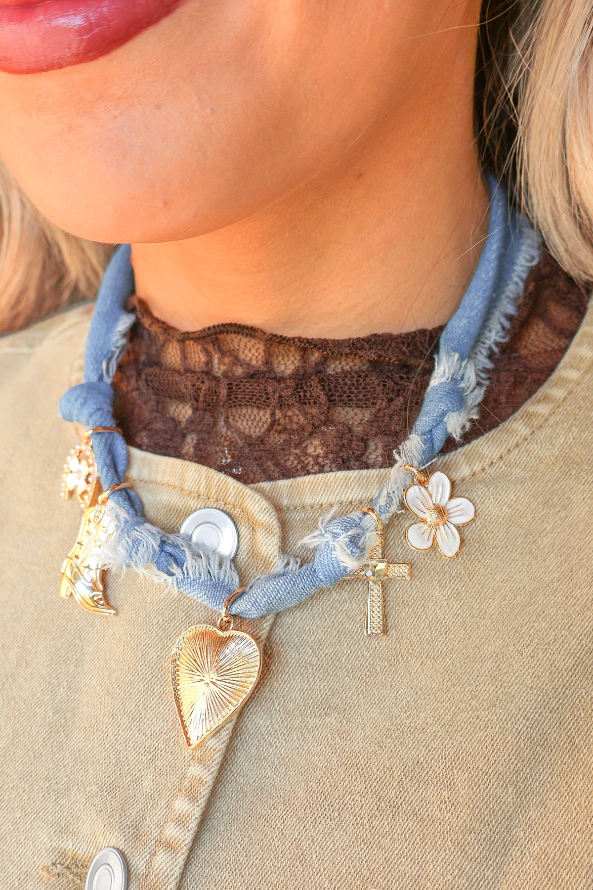 Be Her Denim Western Charm Scarf Necklace in Denim