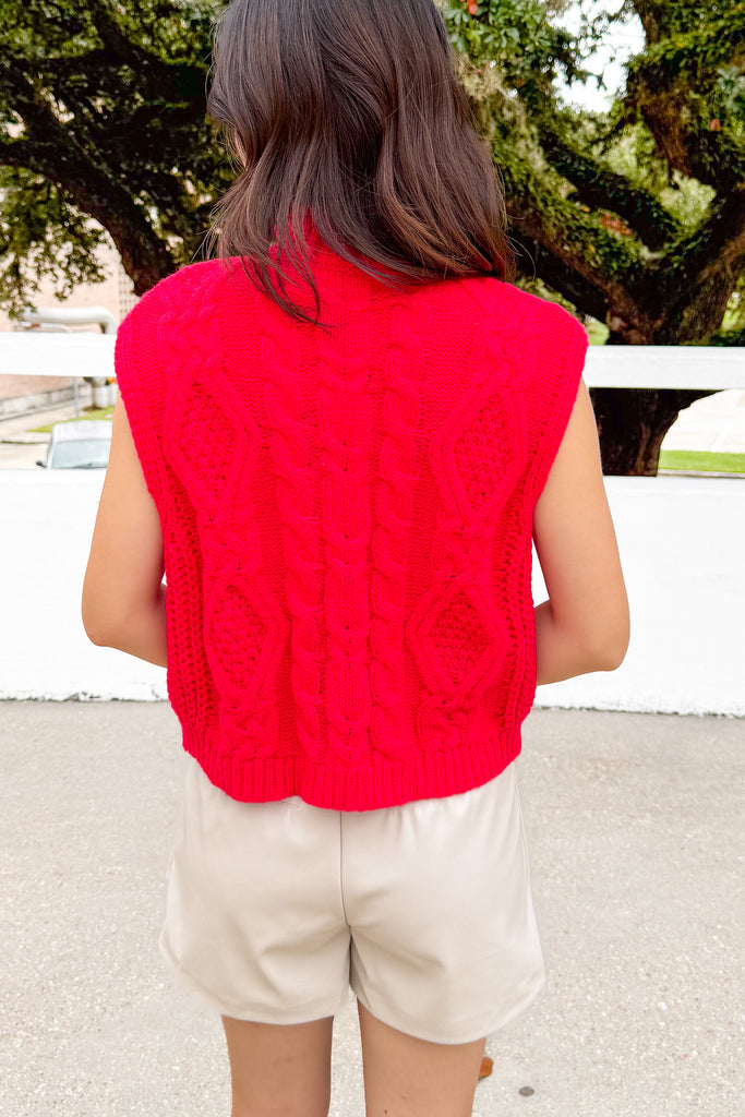 back of cable knit turtleneck sweater tank in red