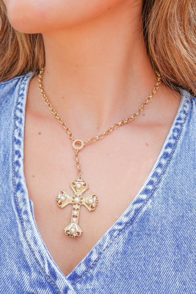 gold pearl cross necklace