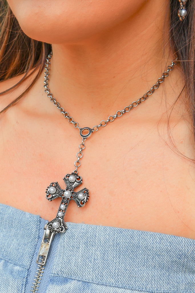 silver pearl cross necklace