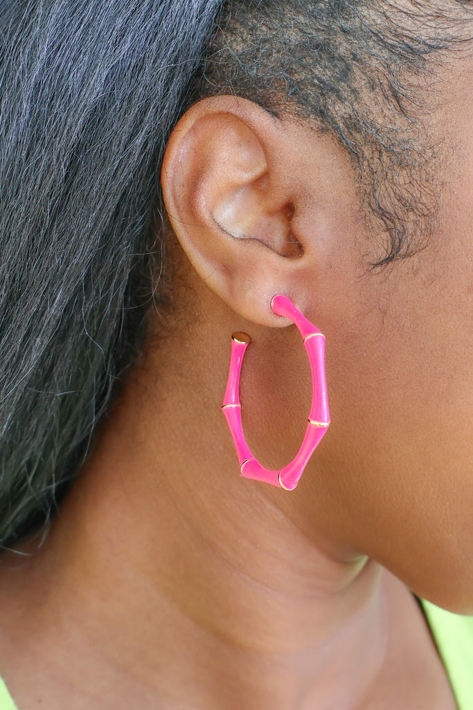 pink hexagon bamboo hoop earrings