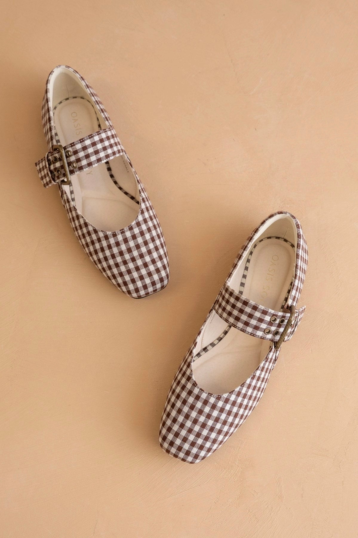 Chocolate brown gingham Mary Jane flat with buckle strap