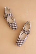 Chocolate brown gingham Mary Jane flat with buckle strap