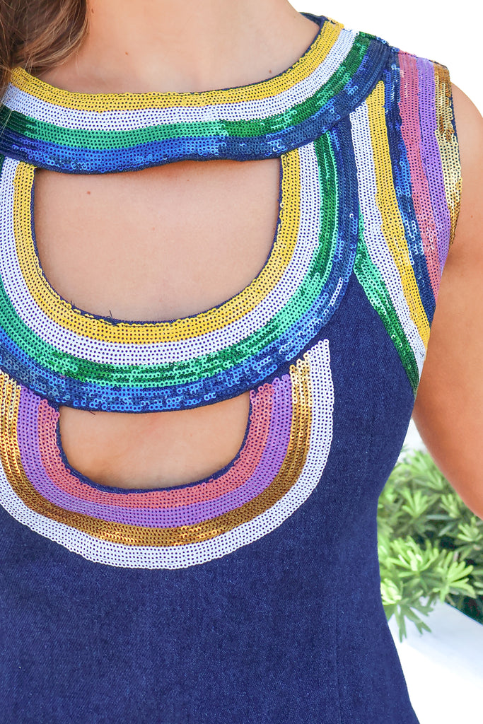 sequin stripe trim on denim mini dress