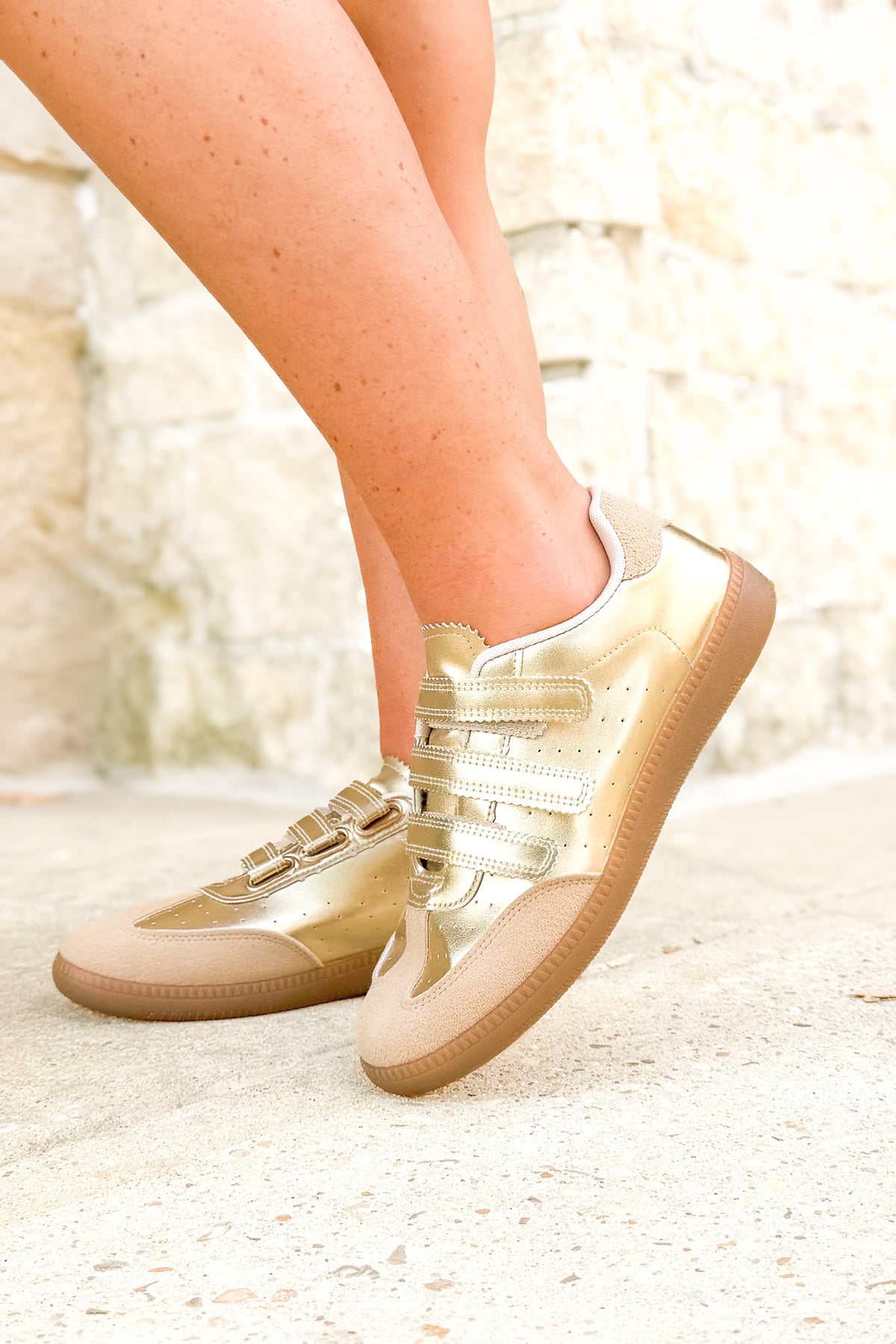 Cross Your Mind Metallic Velcro Sneakers in Gold