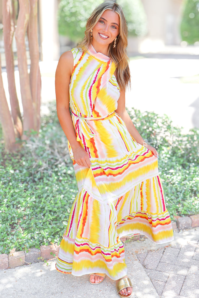 yellow tiered maxi dress Golden Hour Glow Tiered Maxi Dress Yellow Multi / M