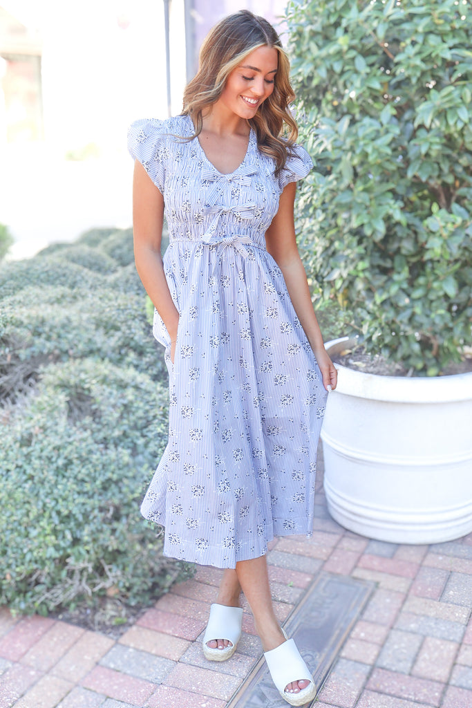 blue and white striped bow mini dress