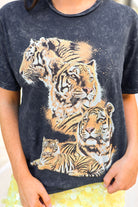 Close-up of the tiger graphic on the black vintage washed tee