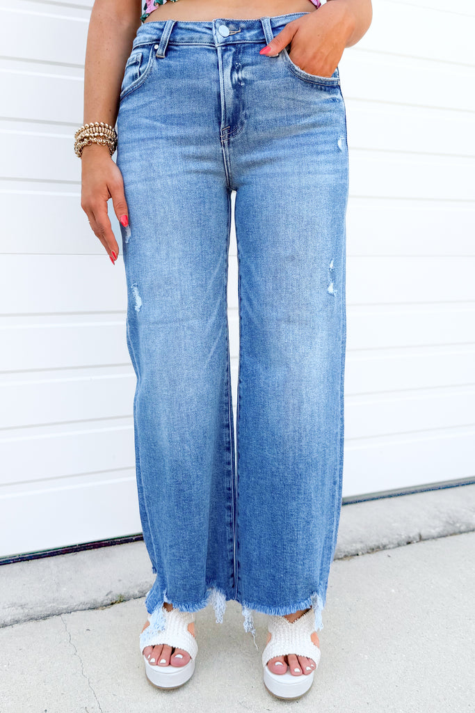  Cropped Distressed Wide Leg Jeans