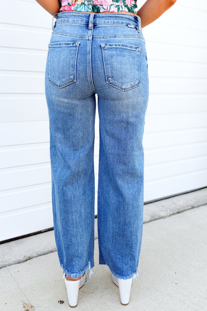 Back of Cropped Distressed Wide Leg Jeans