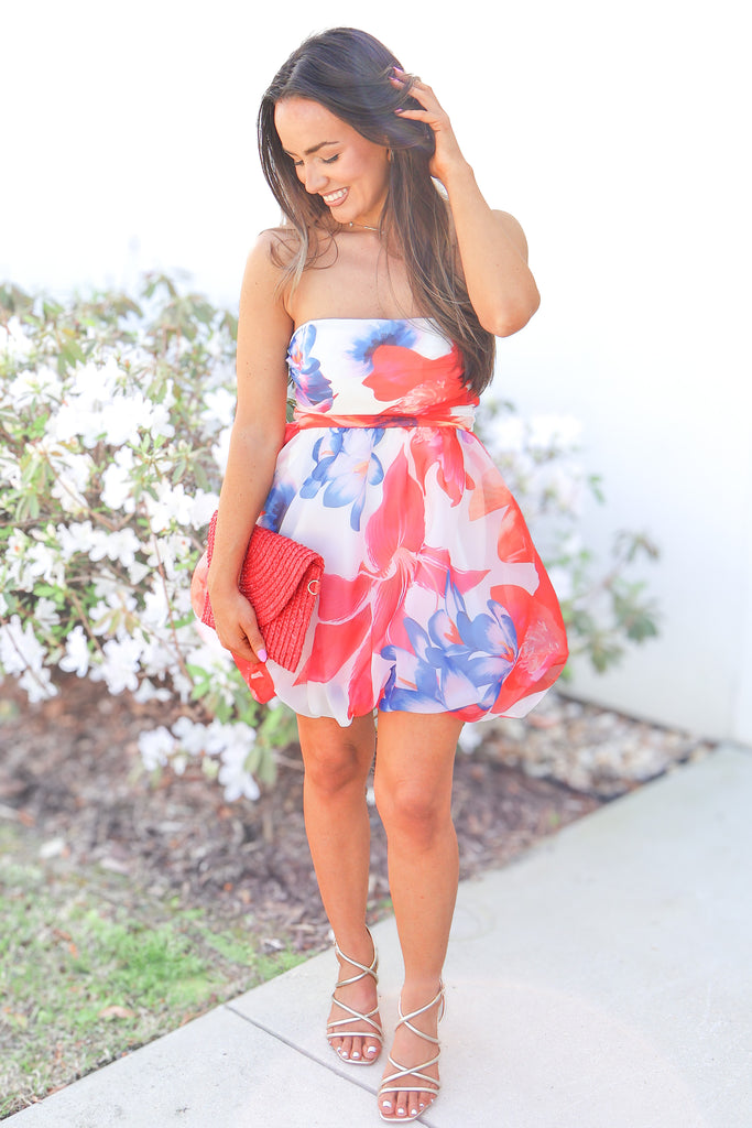 strapless bubble hem mini dress
