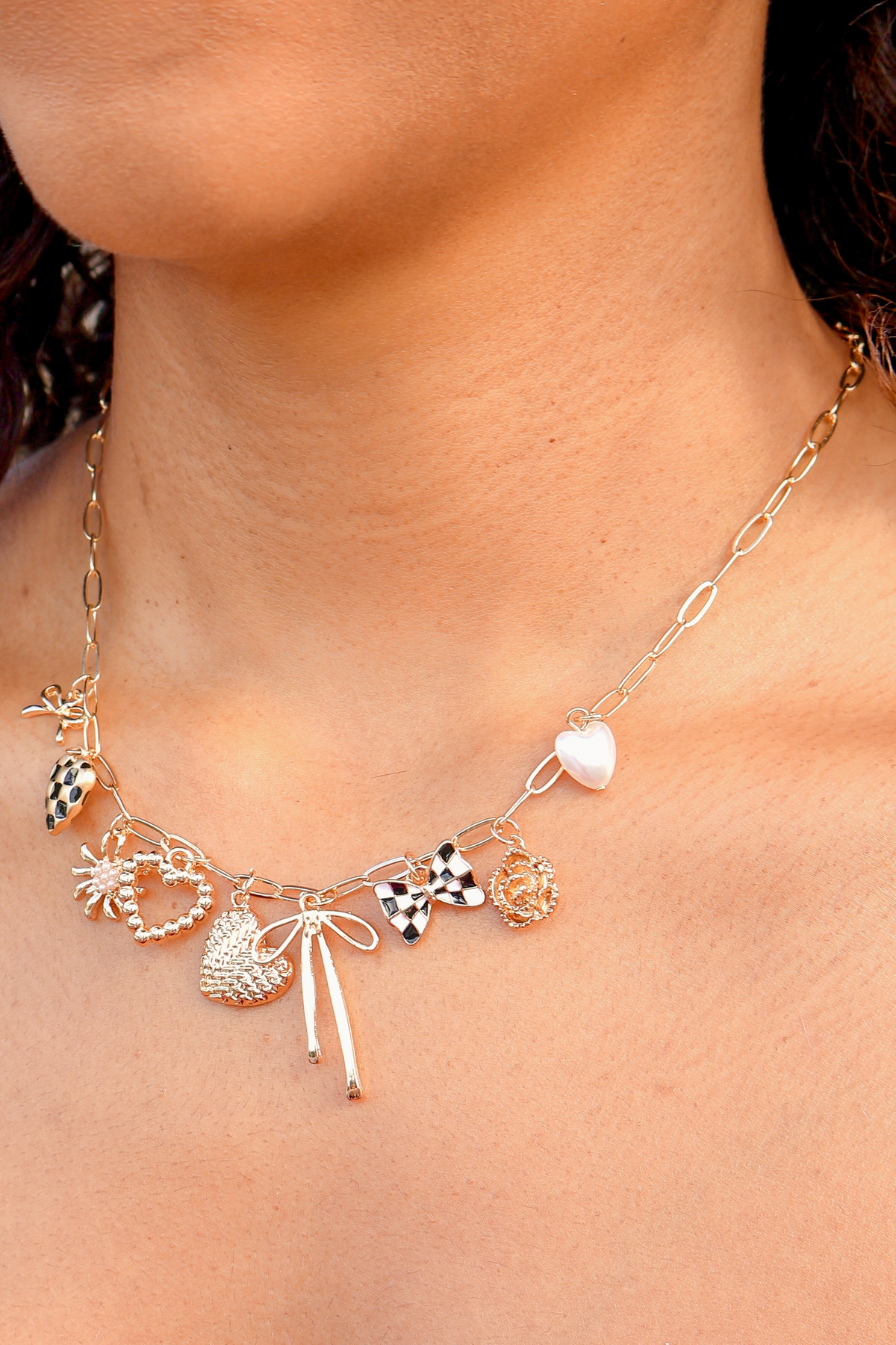Cancel Plans Checkered Heart Bow Charm Necklace-ACC NECKLACE