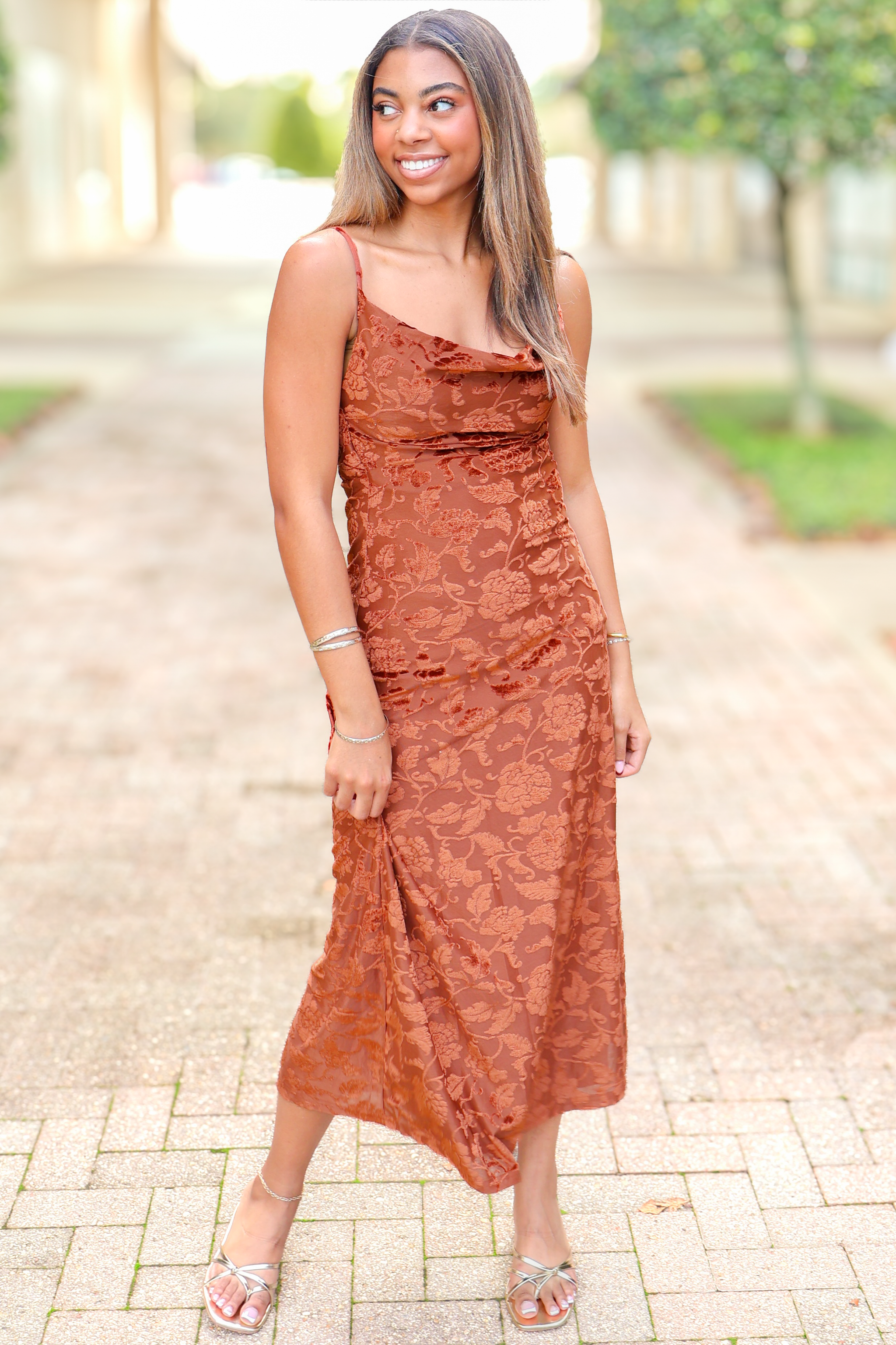 Only Just Begun Velvet Cowl Neck Midi Dress