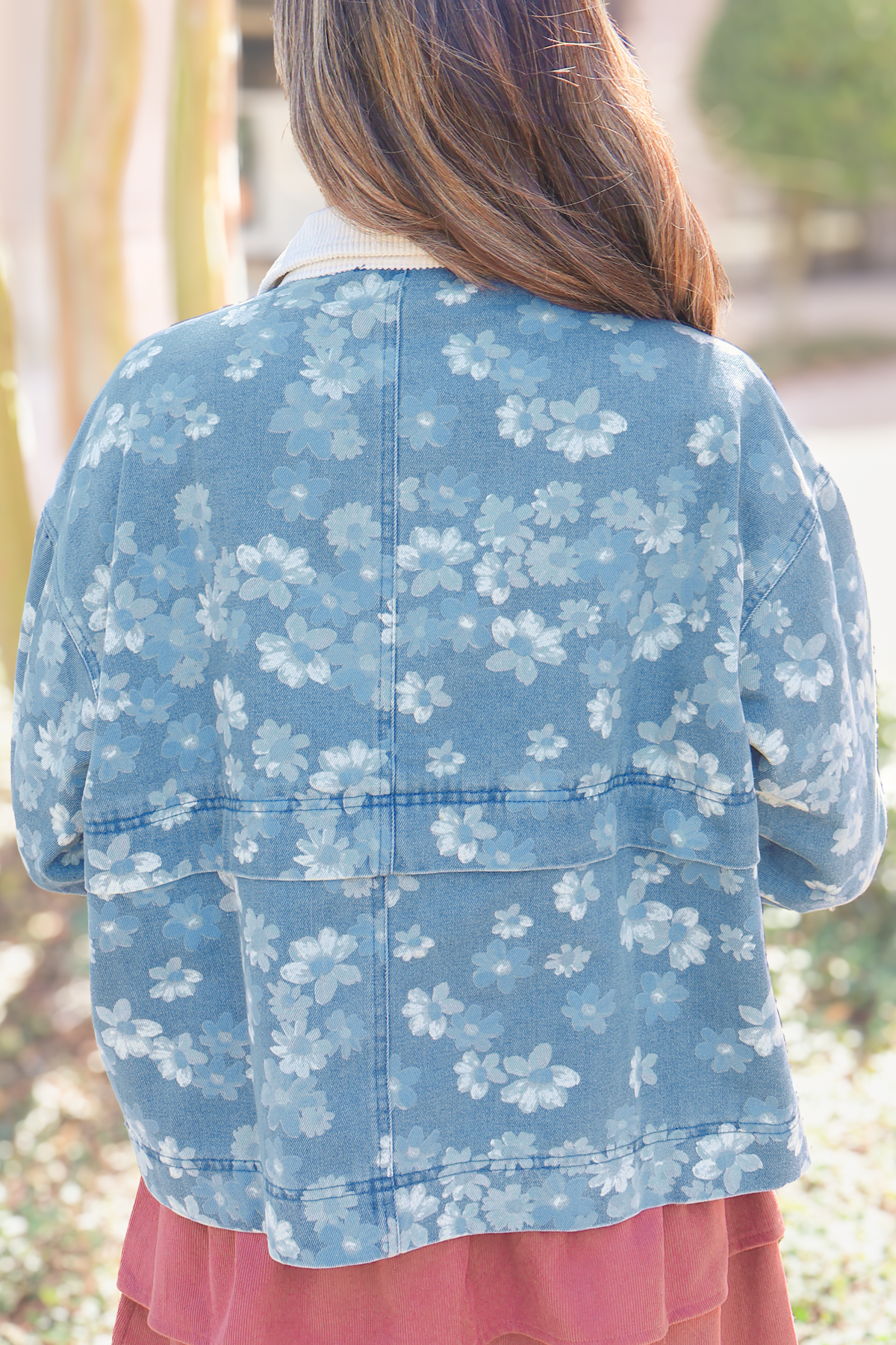 Little Miss Retro Floral Collared Denim Jacket-DENIM JACKET