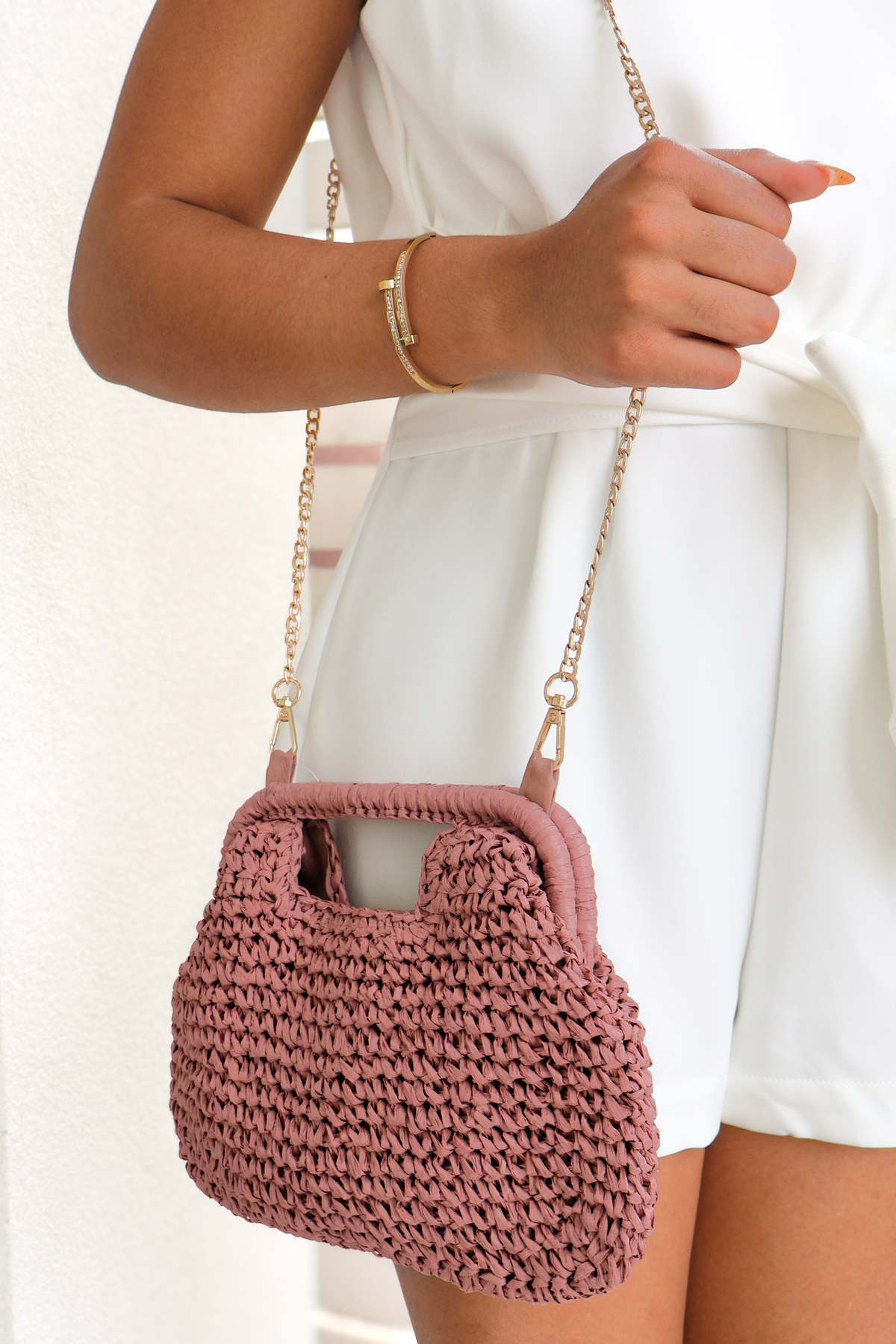 Polished and Poised Faux Straw Dumpling Clutch-HANDBAG CLUTCH